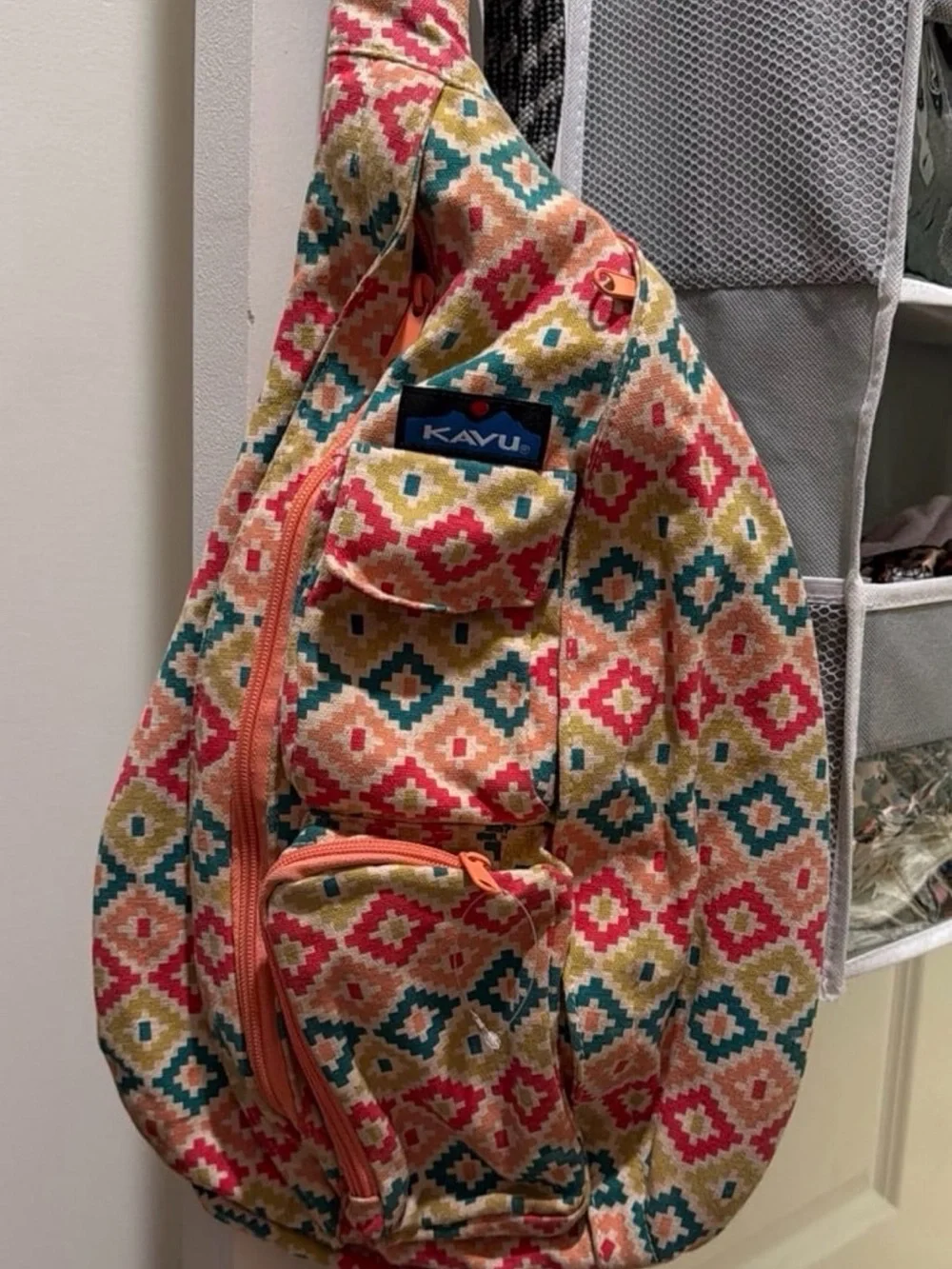 Kavu Multicolor Geometric Rope Sling Bag - Coral, Teal, Mustard